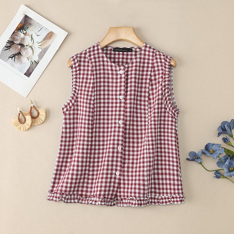

ZANZEA Women Casual Round Neck Summer Sleeveless Grid Tank Tops 2XL