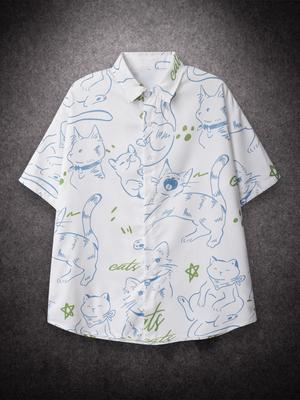 Oversized Loose Casual Cartoon Cat Prinr Hawaii Short Men Shirt Man American Printing Summer Versatile Couple Streetwear