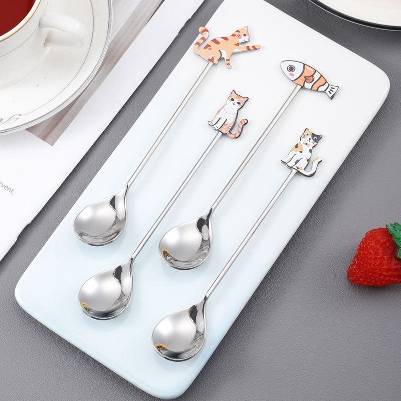 Cute Paintings Cat 304 Stainless Steel Spoon Hollow For Coffee Tea Dessert Spoon Kitchen Tableware Gifts For Students Children