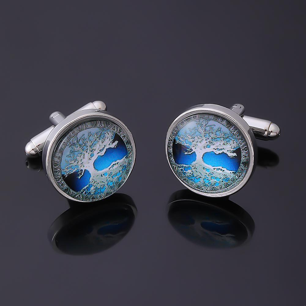 Classic Mens Glass Cabochon World Tree Cufflinks Golden And SIilver Tone Time Gem Round Sleeve Button