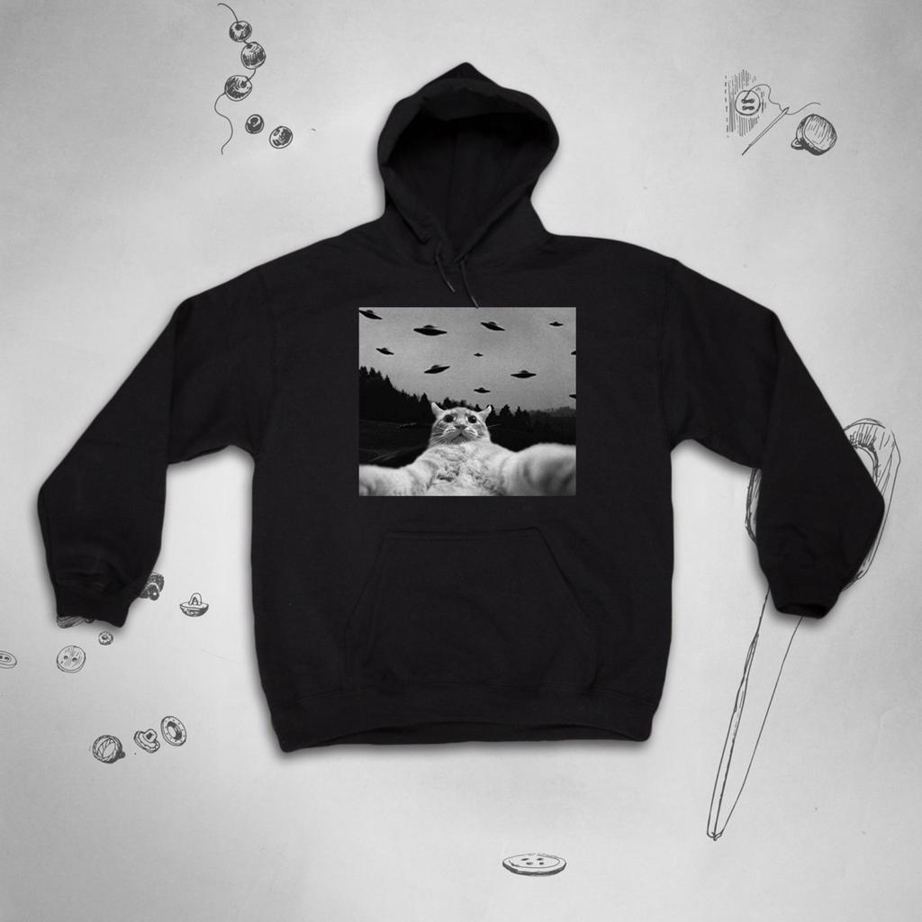 Cat Hoodie for Women Men Trendy Hoodie Funny Cat Aliens UFO Humor Kitten Design Sweatshirt with Hood for Unseix Y2K Top