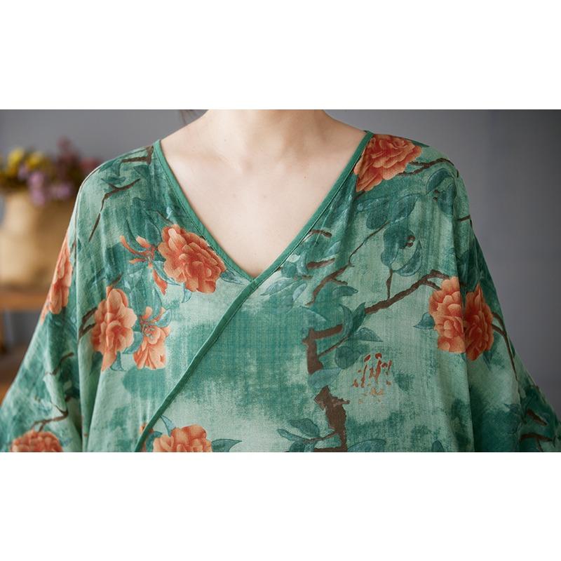 DIMANAF 2025 Plus Size Summer Women Basic Dress Vintage Floral Printing Casual Loose V-Neck Long Dress Maxi