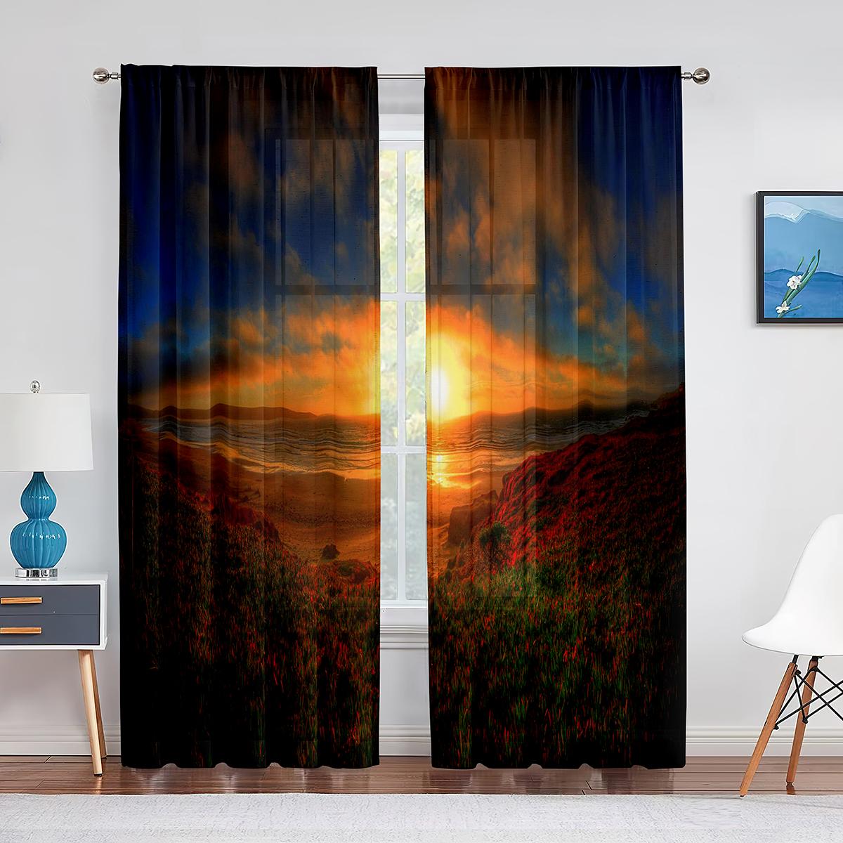 Тропическая прозрачная вуаль занавеска экзотический закат над морским пейзажем кокосовая — фото 7