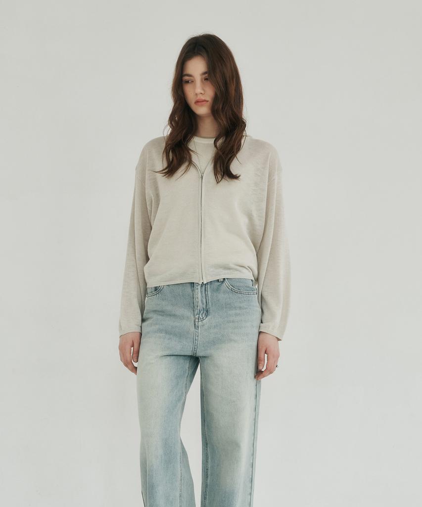 LOSSYROW Light Zip-Up Knit Hoodie Beige