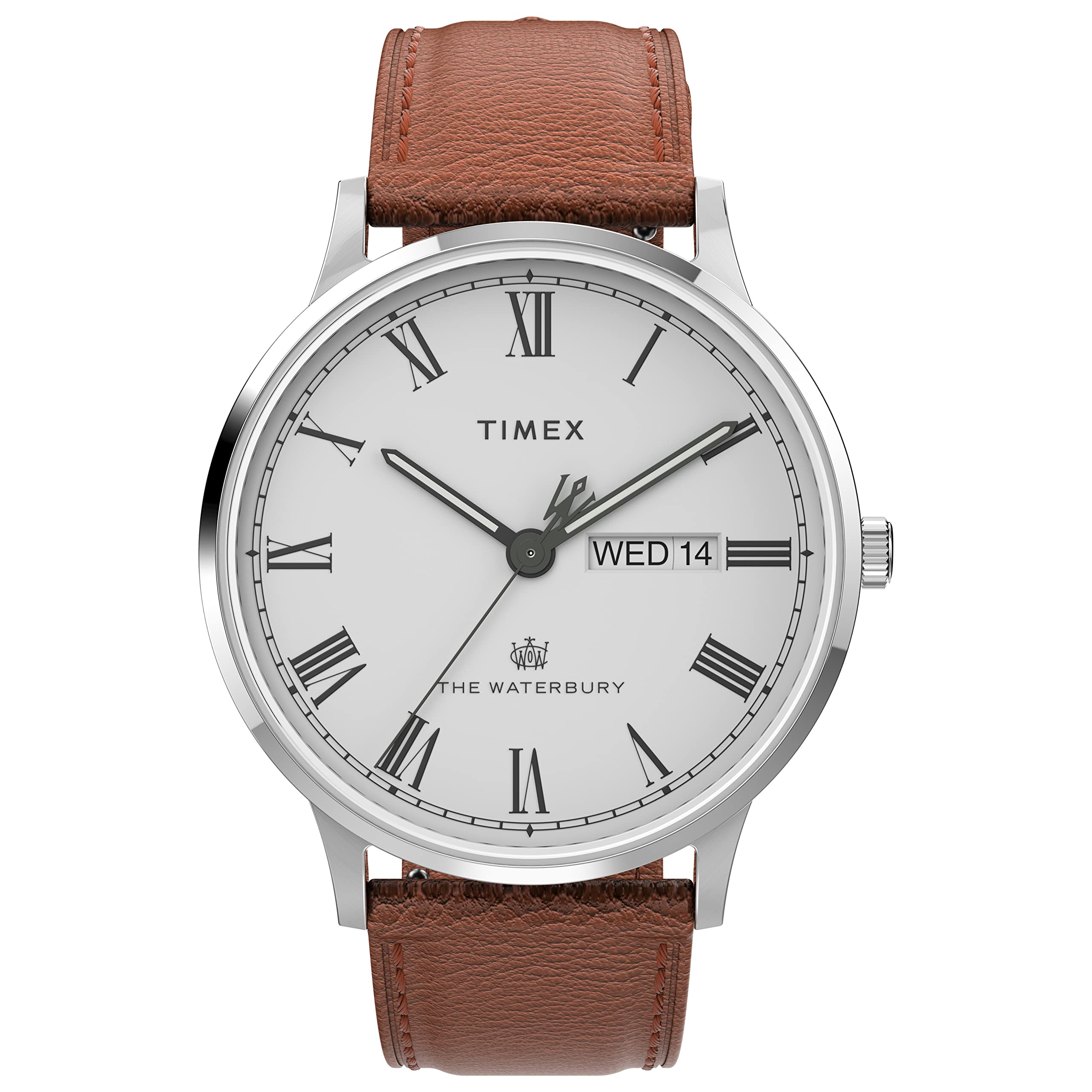 

Timex Men s Waterbury Classic Date 40mm Watch – Silver Tone Case White Dial Caramel Genuine Leather Strap, Caramel/Silver Tone/White.