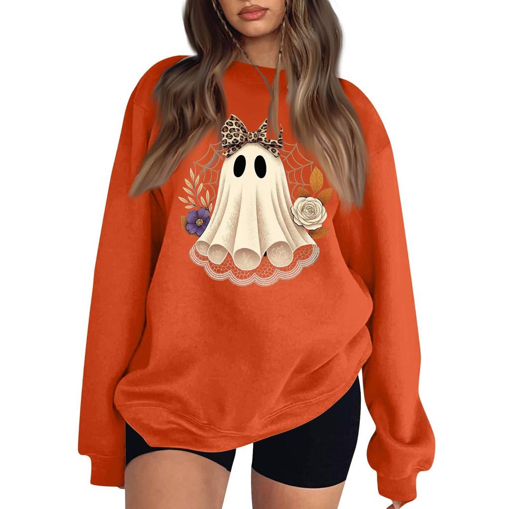 Women's Long Sleeve Neck Sweatshirt Loose Fit Casual Pullover Top with Small Halloween Print
