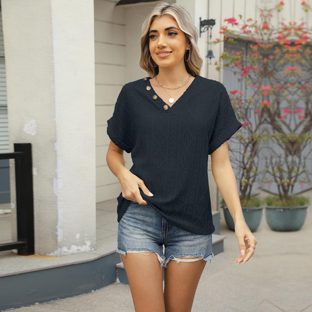 Spring and Summer New V-neck Jacquard Buttons Short-sleeved Women's T-shirt Loose Hollow Tops