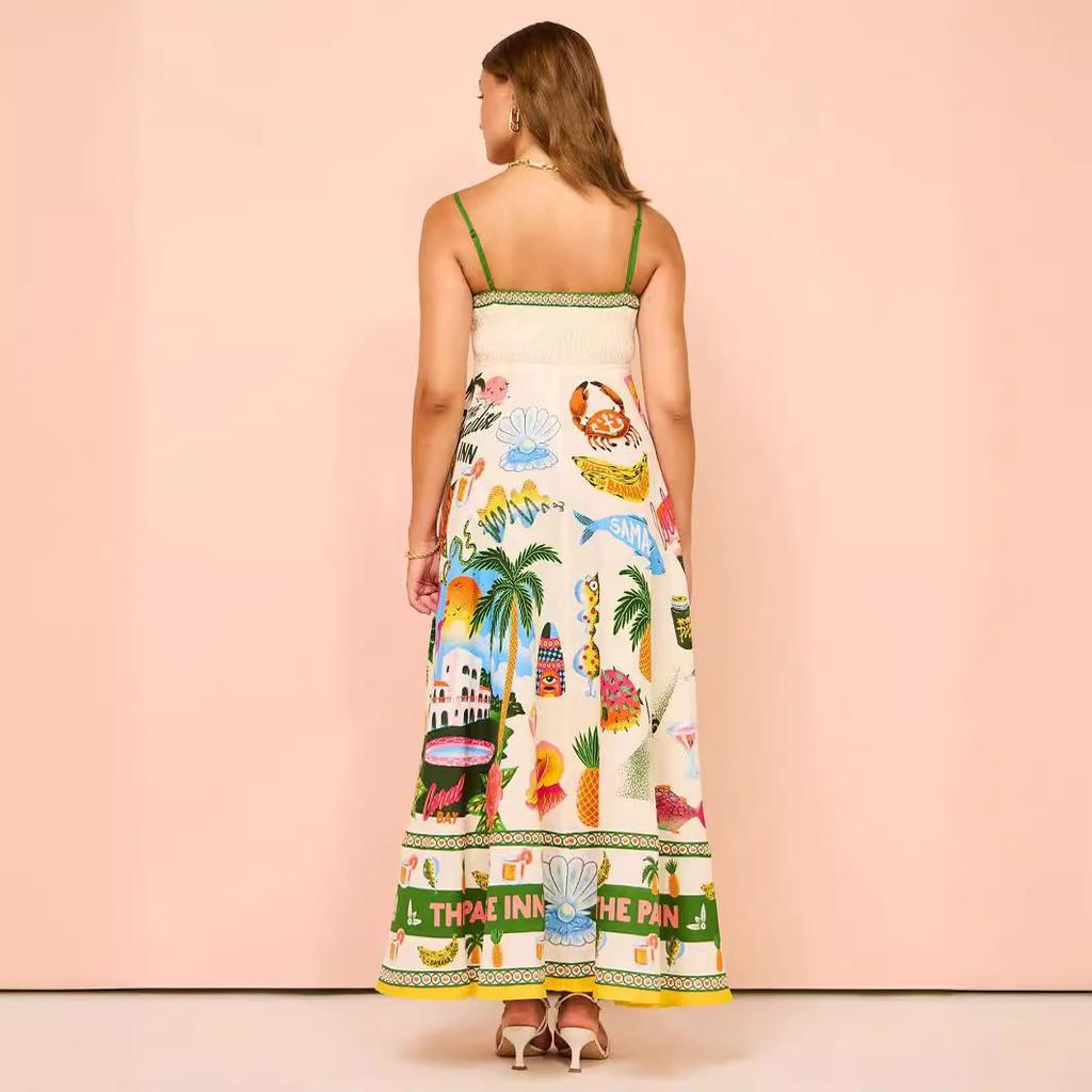 New Sexy Women's Clothing Suspender Graffiti Print Sleeveless Big Swing Cotton and Linen Dress