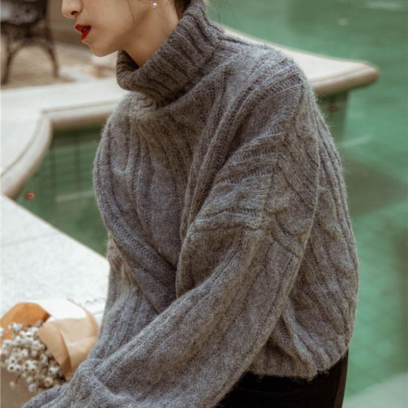 Fried Dough Twists svetr s vysokým výstřihem dámský krátký retro korejský volný vysoký pas tenký šedý pletený svetr svetr top