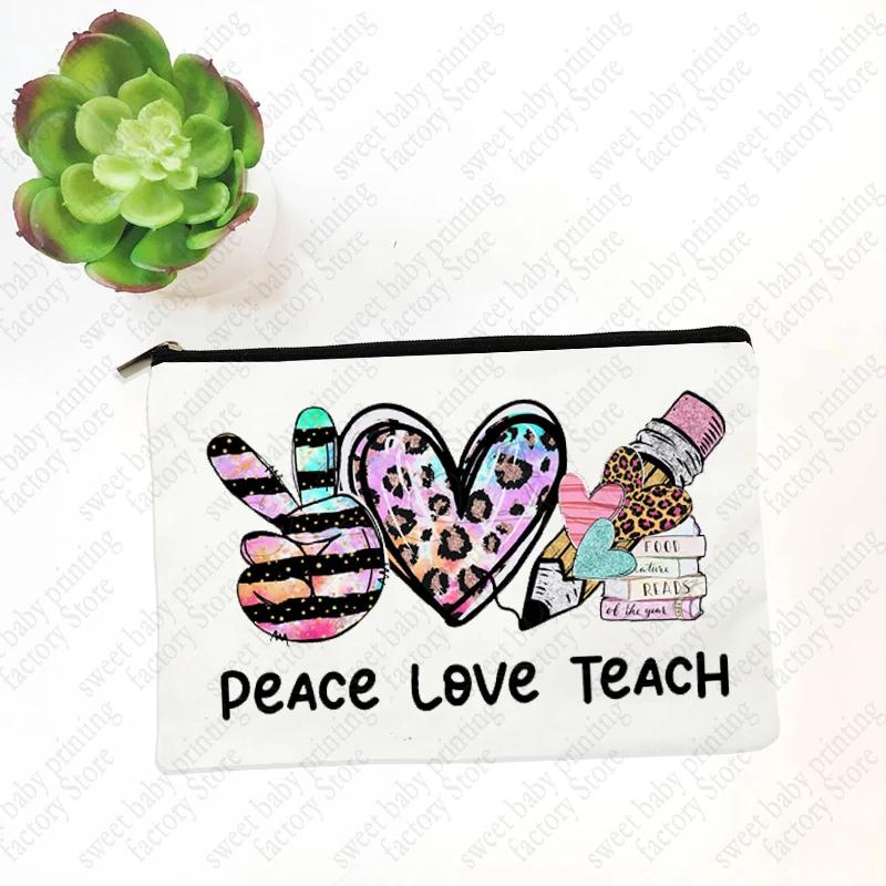 Teach Love Inspire Teacher Makeup Cosmetic Bags  Back To School Gift Beauty Cases Pencil Pouch Organizer Storage Box Mini Purse