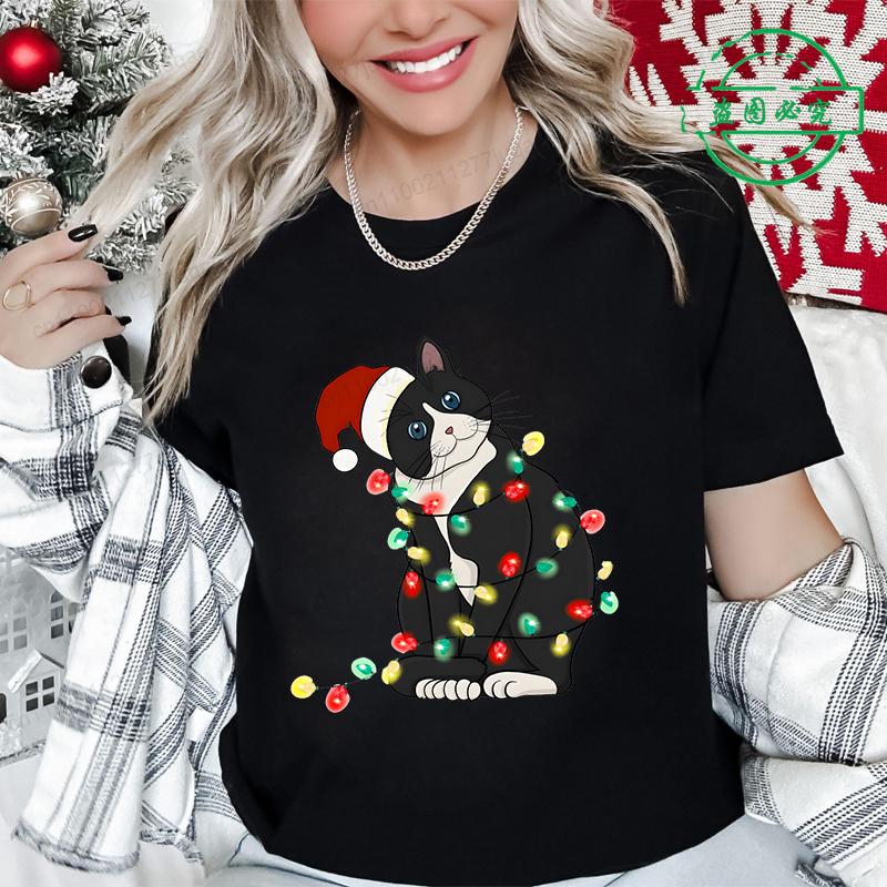 Summer Round Neck 3D Christmas Black Cat Pattern Print Top Fashionable Casual Short Sleeved Women's T-shirts