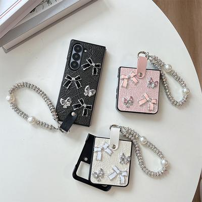 Ins Wind Pearl Handheld Chain Bow Phone Case for Samsung Zflip 7 Flip Vivoxflip Folding