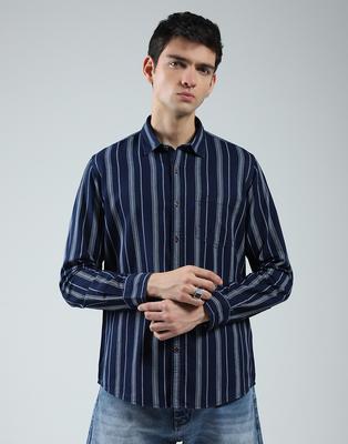 Mens Striped Navy Blue Collar Neck Full Sleeve Shirt