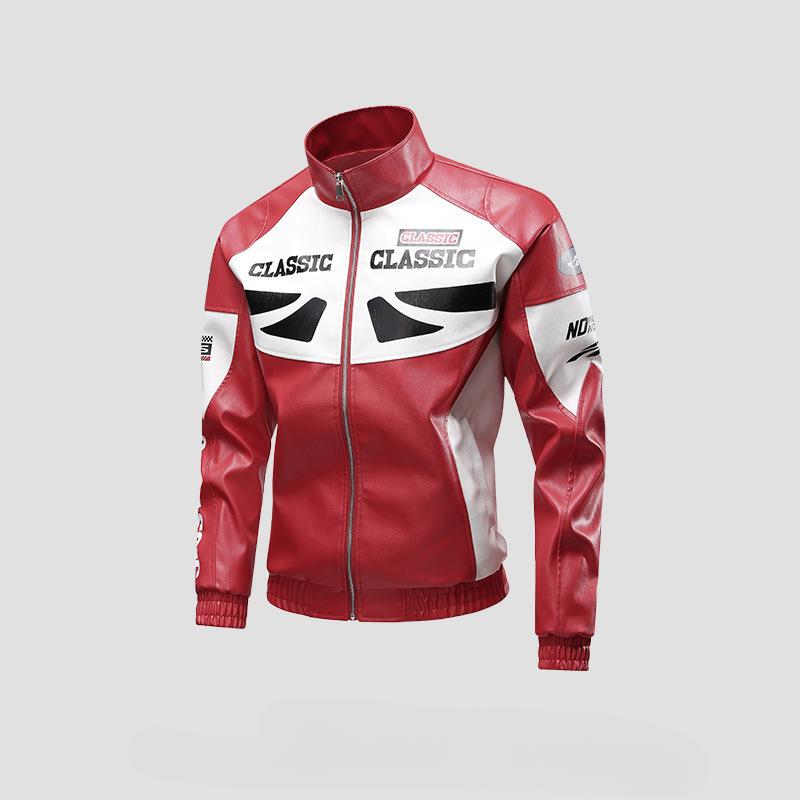 PU Leather Men's Men's Coat In Spring and Autumn New Stand-up Collar Motorcycle Suit Embroidered Color Matching Jacket Men