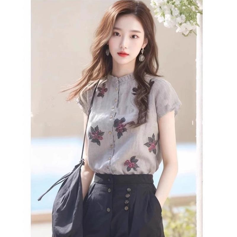 Women Retro Floral Stand Collar Short Sleeve Casual Blouse Shirt Top S