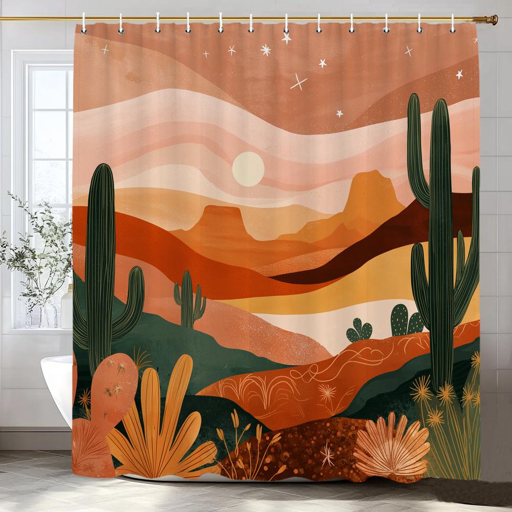 Nordic Art style Plant Cactus Printed Shower Curtain Bathroom Curtain,Hanging Curtain With 12 Hooks Decoration Machine Washable