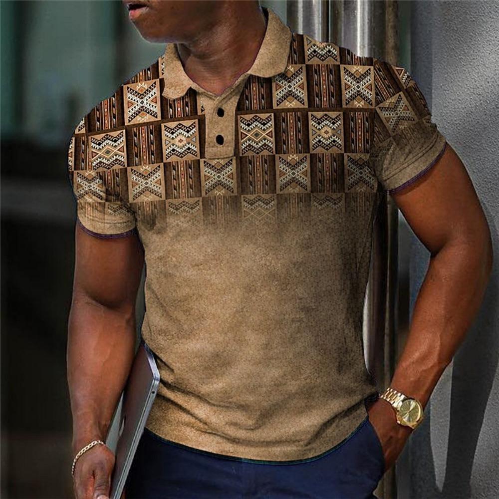 Geometric Color Blocking Pattern 3D Digital Printing Men's Casual Polo Shirt