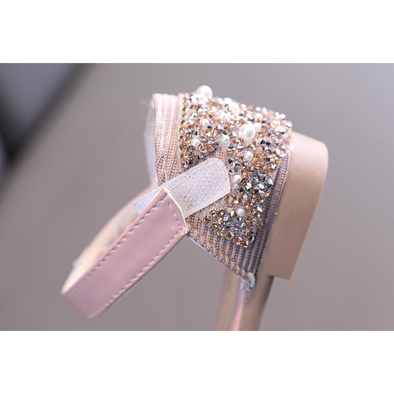 Girls Single Shoes Spring Autumn Pearl Rhinestone Bow Dance Performance Shoes Half Sandals for Little and Middle Kid