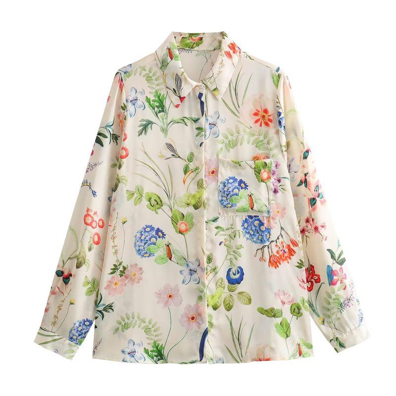 Jnleaog New Arrival Women's Clothing Fashion Style French Style Casual Fashion Personalized Minority Florals Print Satin Shirt