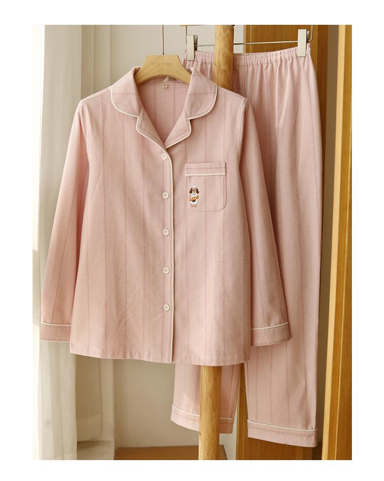 New Couple Pajamas Made of Pure Cotton, Brushed Velvet, High-end Embroidered Home Clothes, All Cotton Long Sleeved Set