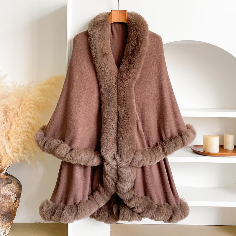 Winter Thicken Mink Wool Full Trims Faux Fur Cape Women's Hooded Loose Fleece Cloak Coat Party Wraps Warm