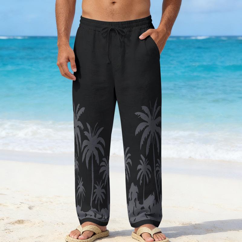 Four Seasons Men's Relaxed Fit Beach Resort Casual Printed Straight-Leg Linen Trousers