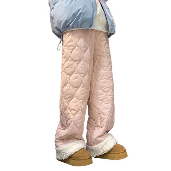 Women Cotton Pants Elastic High Waist Solid Color Wide Leg Causal Trousers with Pockets Thickened Plush Lining Winter Pants