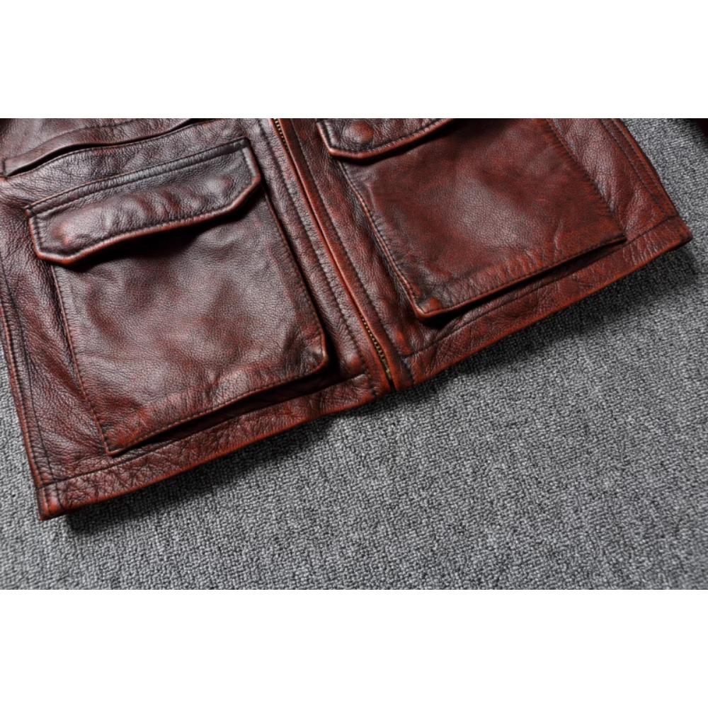 Chinese Size Vintage Red Brown Men Leather Jacket M65 Hunting Flight Jacket Genuine Cowhide Coat Autumn