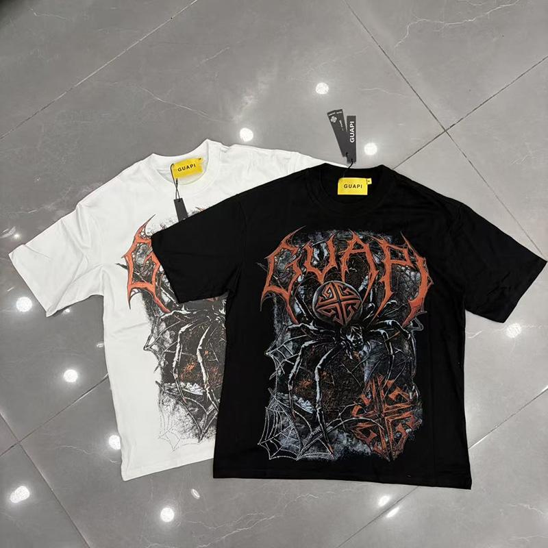 26ss Black White Oversized Tee Hip Hop Spider Graphics Print Rhinestone Guapi T Shirt Tops Unisex Unisex 100 Cotton Tshirt Tags