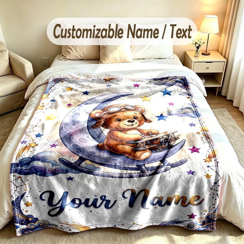 Teddy Bear Theme Custom Blanket Personalized Name & Text Customized Soft Warm Throw Blanket Home Decor