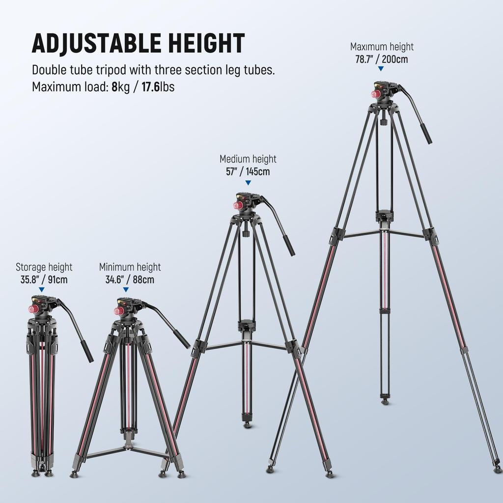 NEEWER 200cm Video Camera Tripod with Fluid Quick Release Tripod Travel Photography Tripod with QR Compatible with DSLRs and Maximum Load 8kg Tripod,