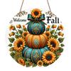 2D Flat, 1pc Round Waterproof Aluminum Hanging Sign, Vintage Welcome Fall Stacked Teal Orange Pumpkin Sunflower Bow Print, Farmhouse Metal Plaque