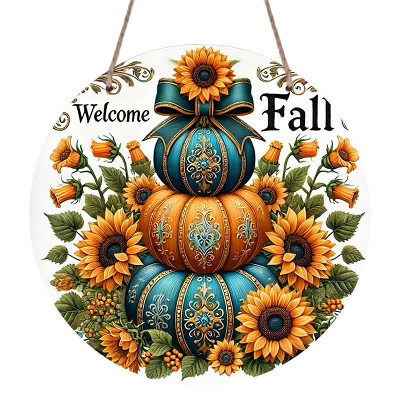 2D Flat, 1pc Round Waterproof Aluminum Hanging Sign, Vintage Welcome Fall Stacked Teal Orange Pumpkin Sunflower Bow Print, Farmhouse Metal Plaque