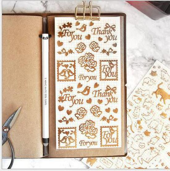 Retro Gold Christmas Stickers: 4 Designs - Cat, Birdcage, English Letters, Garden.