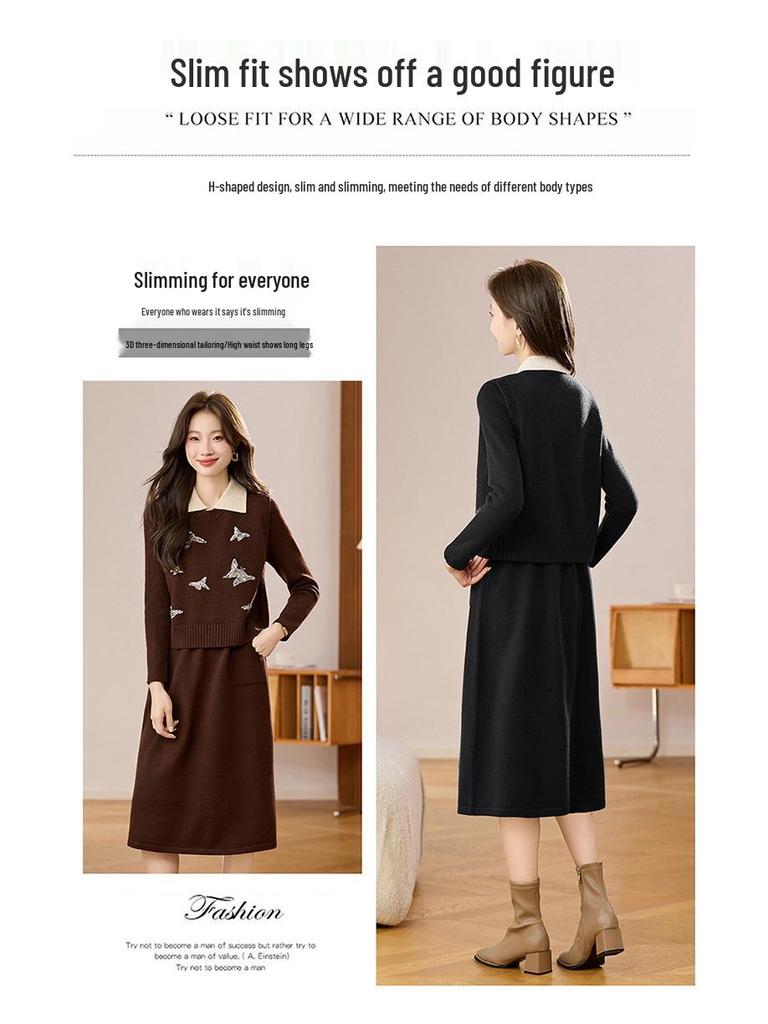 Damski dzianinowy zestaw dwuczęściowy: Kamizelka z okrągłym dekoltem i kardigan o średniej długości z długim rękawem Sukienka wełniana