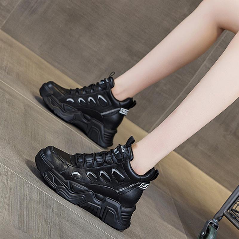 100% Genuine Leather Shoes Women Fashion Sneakers High top Brand Ladies Height Increasing Shoes 7cm Pure Black Blue