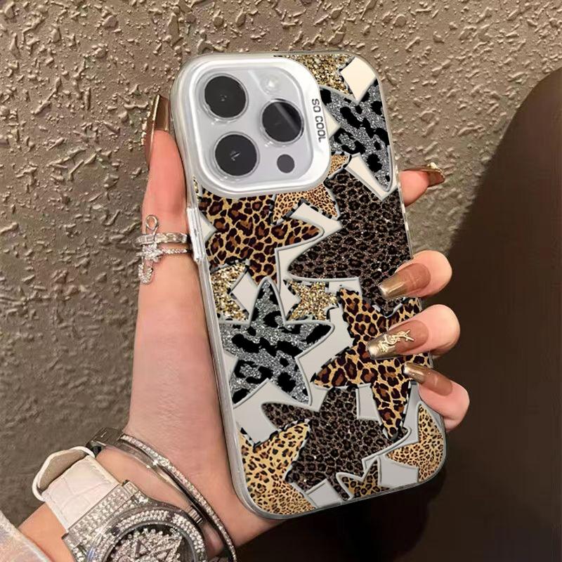Material Phone Case for iPhone 16 17 Cases iPhone 16e 15 14 13 12 11 Pro Max XS X XR 7 8 Plus Black Leopard Print Star Cover