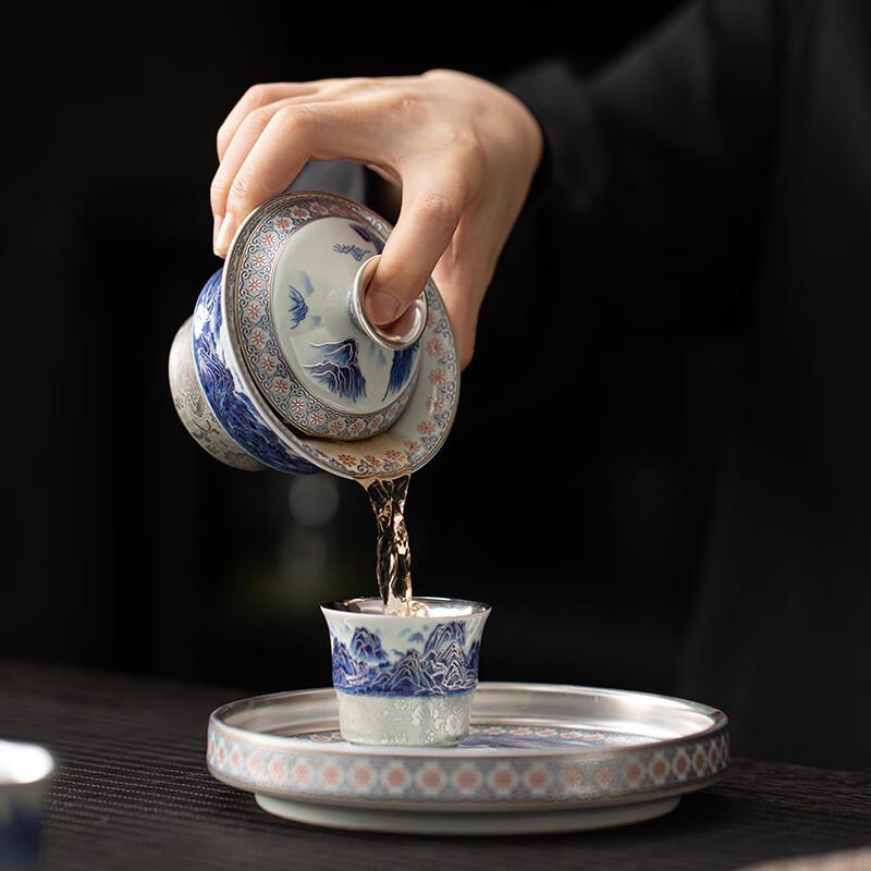 Master Zheng Wenqiang Gilded Silver Ceramic Gaiwan Tea Set