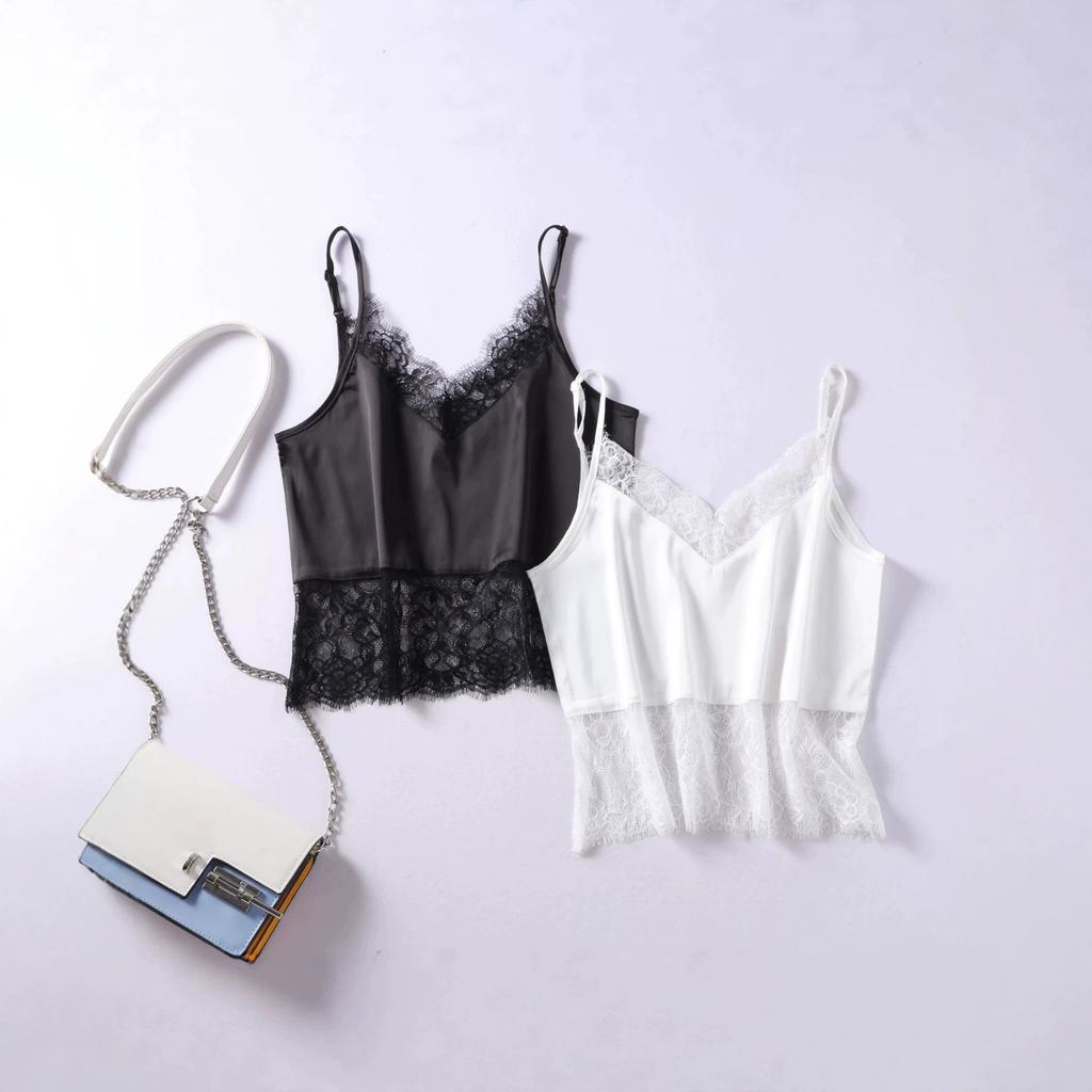 European and American Lace Splicing Satin Suspender Vest V-neck Sleeveless Bottoming Shirt Inside and Outside, Sexy Female French Style