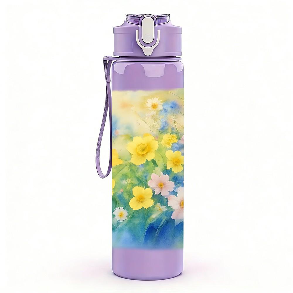 1PC Soft Pastel Blue Yellow Flower Print 750ml Color Plastic Sports Water Bottle Leakproof Flip Straw Lid Suitable for Sports Office Home Use