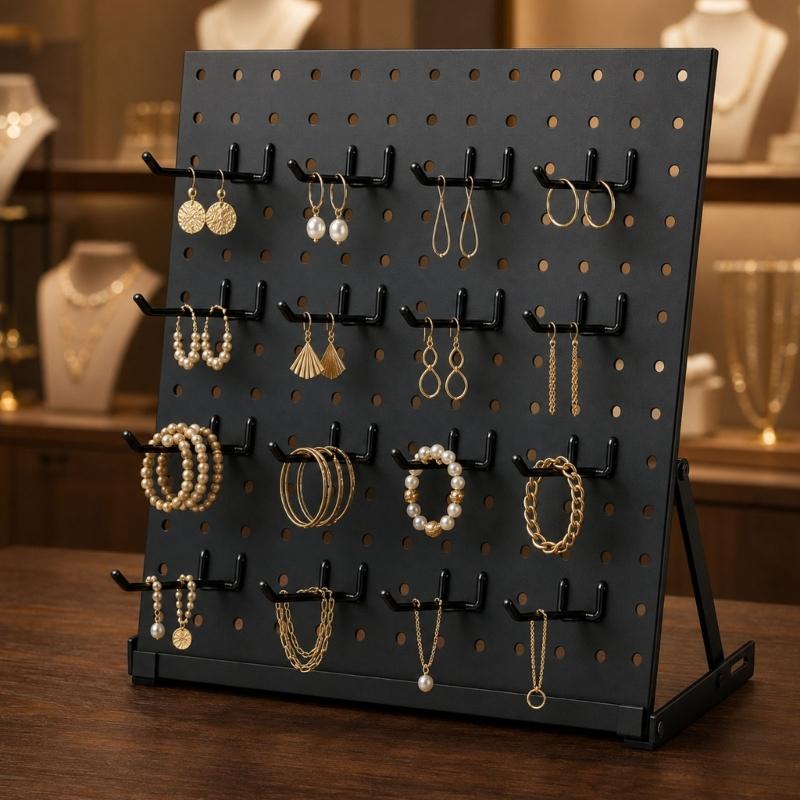 Metal Jewelry Display Rack with Open Pegboard Panel, 16 Movable Hooks and Adjustable Viewing Positions for Tabletop Retail and Craft Fair Displays