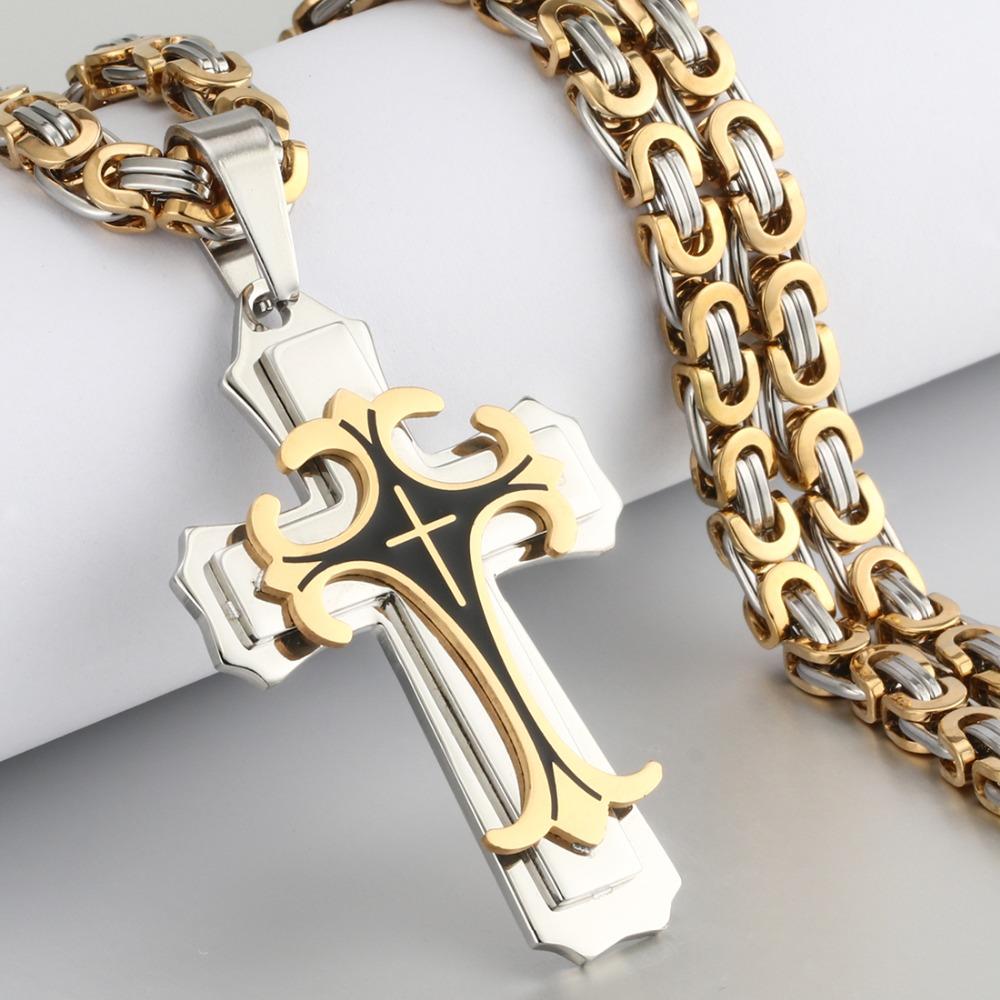 Vintage Stainless Steel Fleur-de-lis Cross Necklaces Pendants Long Byzantine Chain Necklaces Men Jewelry NC07