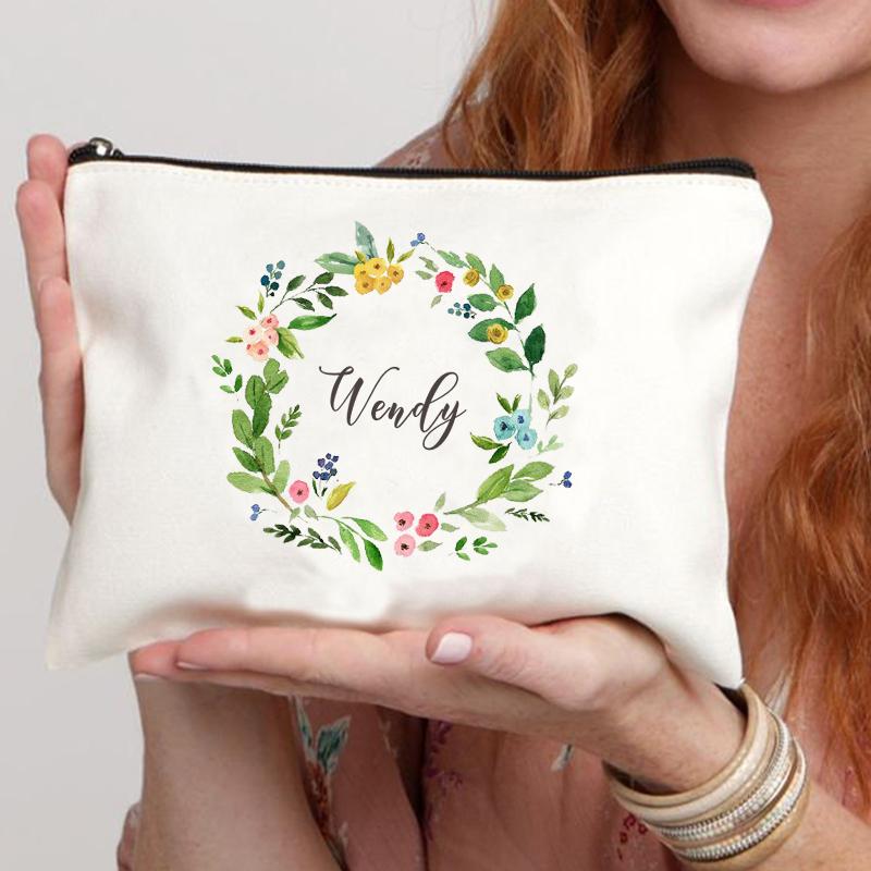 Garland Personalized Name Canvas Cosmetic Bag Travel Zipper Storage Toiletry Bags Retro Pencil Case Teacher Bride Gift Customize