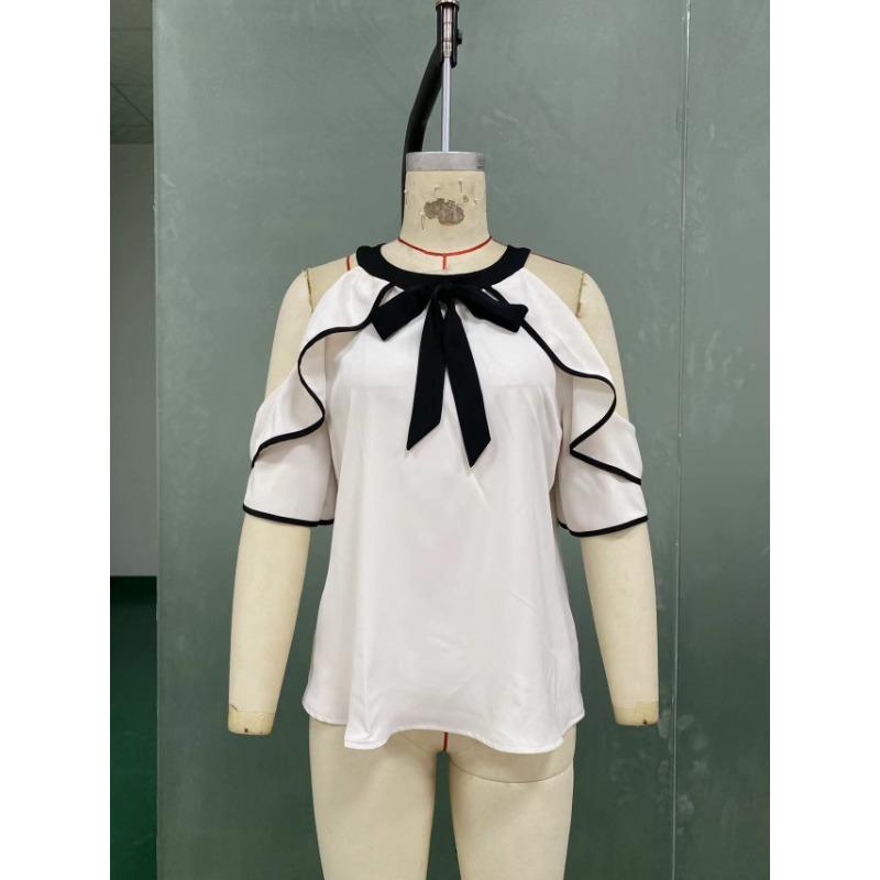 Temperament Double-layer Short Sleeved Shirts with Bow Collar Women’s Blouses & Shirts