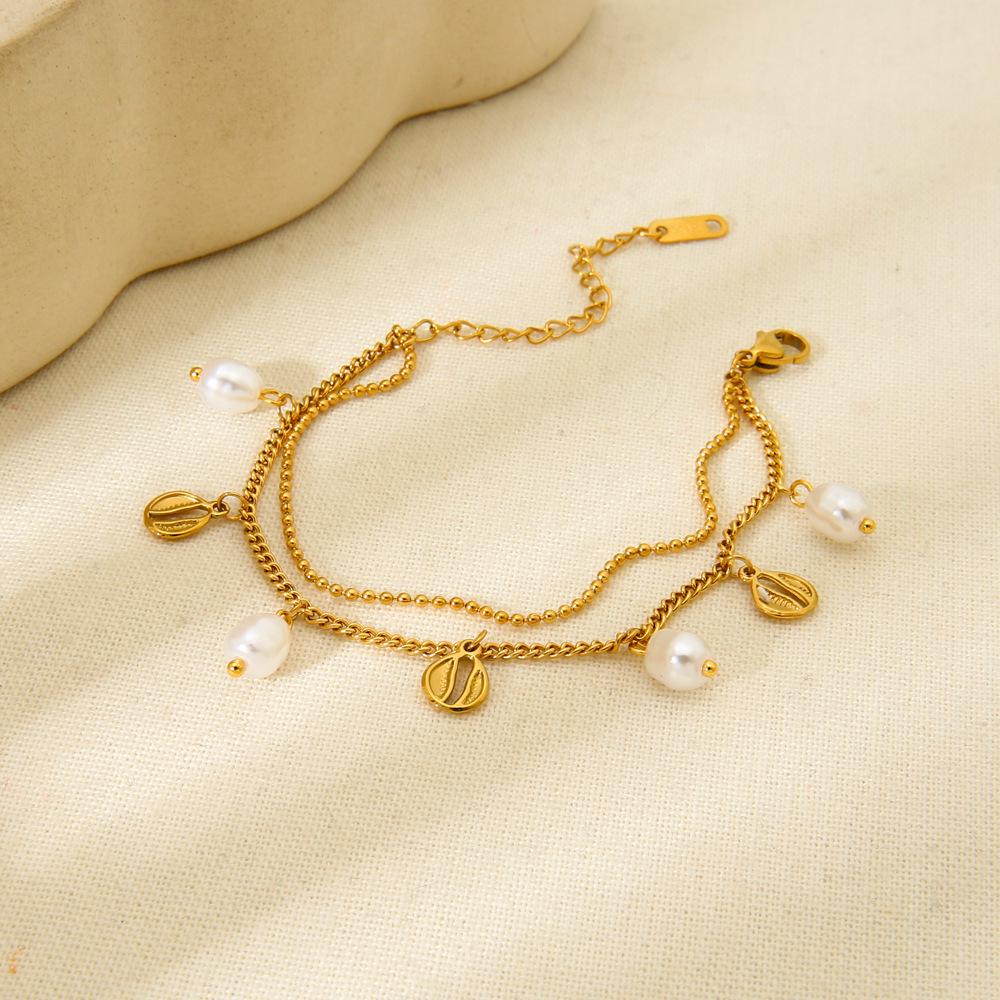 18K Gold Plated Pearl Seashell Tassel Bracelet: European & American Ocean Style, Stainless Steel, Versatile Hand Jewelry