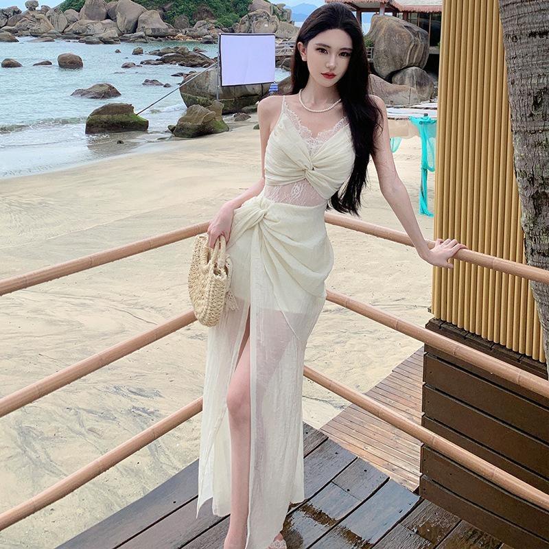 Французское ретро кружевное платье для отпуска летнее платье-труба с вырезами темпераментное платье S абрикосовый