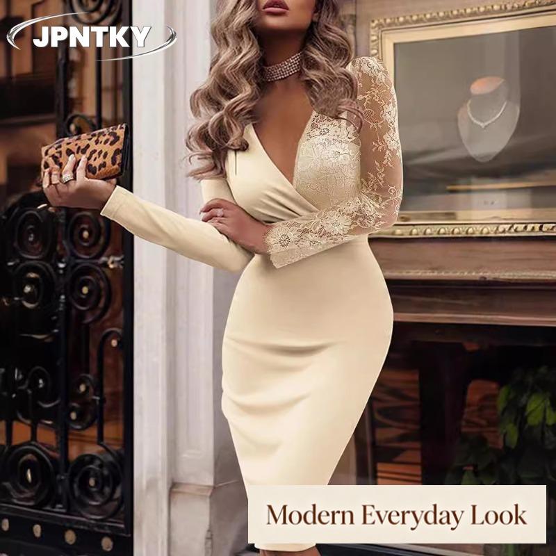 JPNTKY Women's Fashion Autumn Winter Solid Color Print V-Neck Long Sleeve Casual Dresses