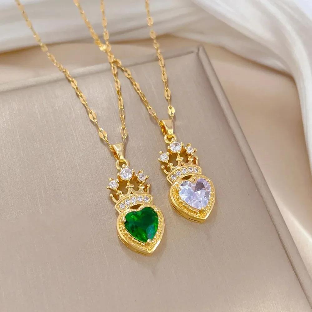 Nova Moda Coreana Colar com Pingente de Coroa Esmeralda para Mulheres Charme Cor Dourada Aço Inoxidável Gargantilhas de Cristal Joias de Casamento Presente