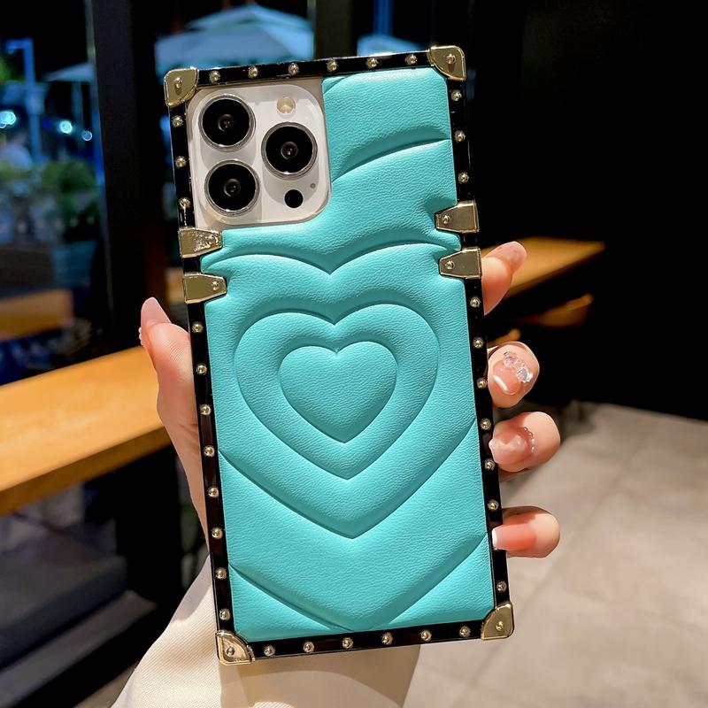 

Роскошный чехол для телефона с 3D-тиснением Love Heart для iPhone 14 Pro Max 14 Plus 14 Pro 13 12 11 Pro Max XR XS Max Квадратный металлический чехол из искусственной кожи iPhone 14 тиффани синий