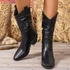 Fashion 2025 Pointed Toe Western Cowgirl Chelsea Mid calf Boots Women Cossacks Cowboy Pleated Boots Wedges Femal Shoes Botas Mujer 34-45